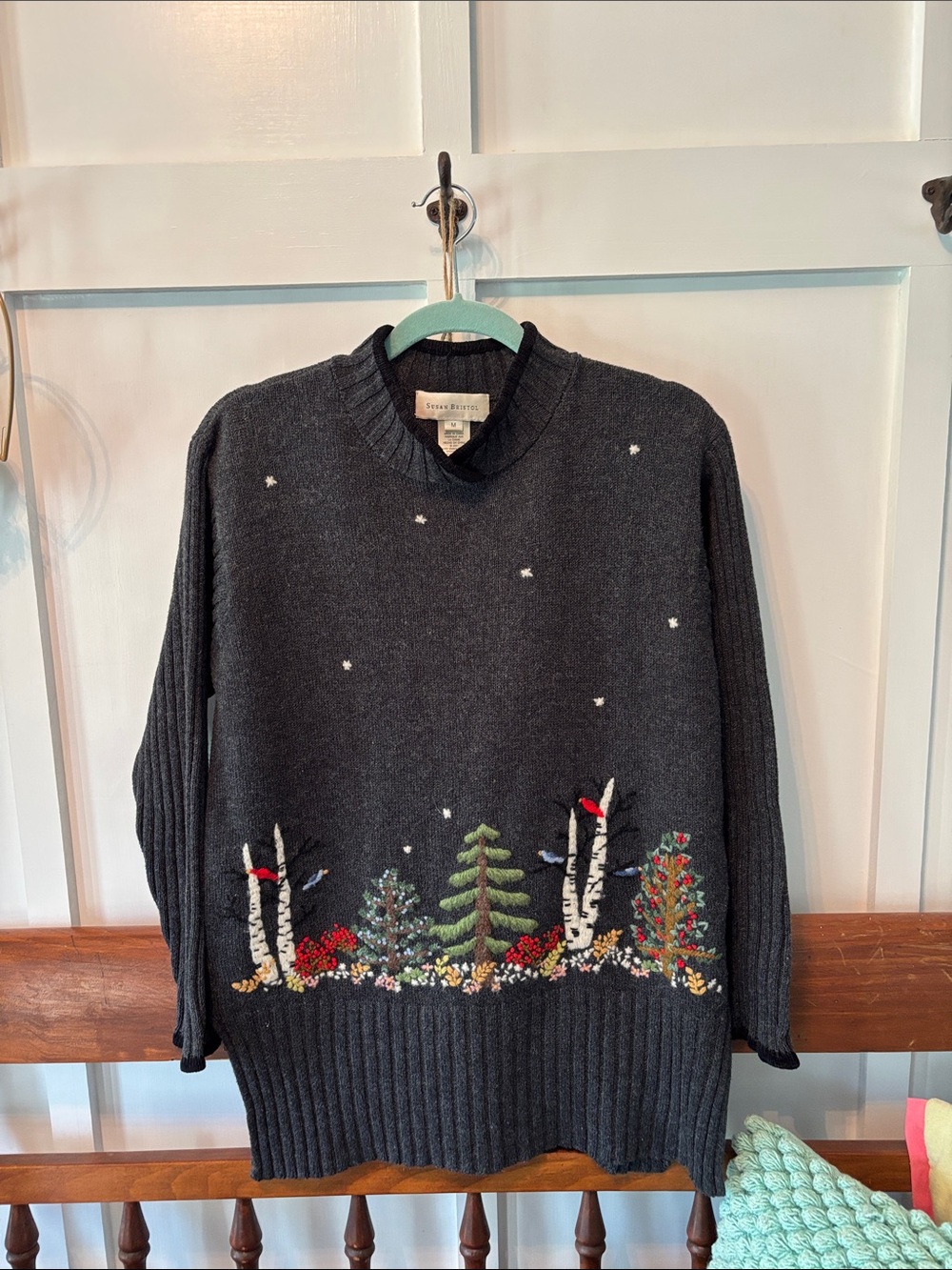 Susan Bristol Dark Gray Sweater with Multicolor Woodland Embroidery